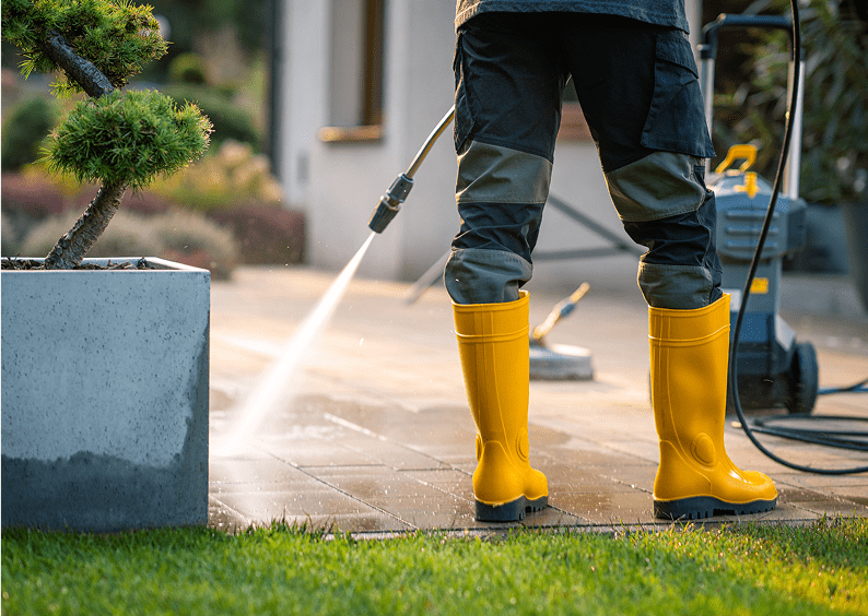 Person pressure washing patio with yellow boots