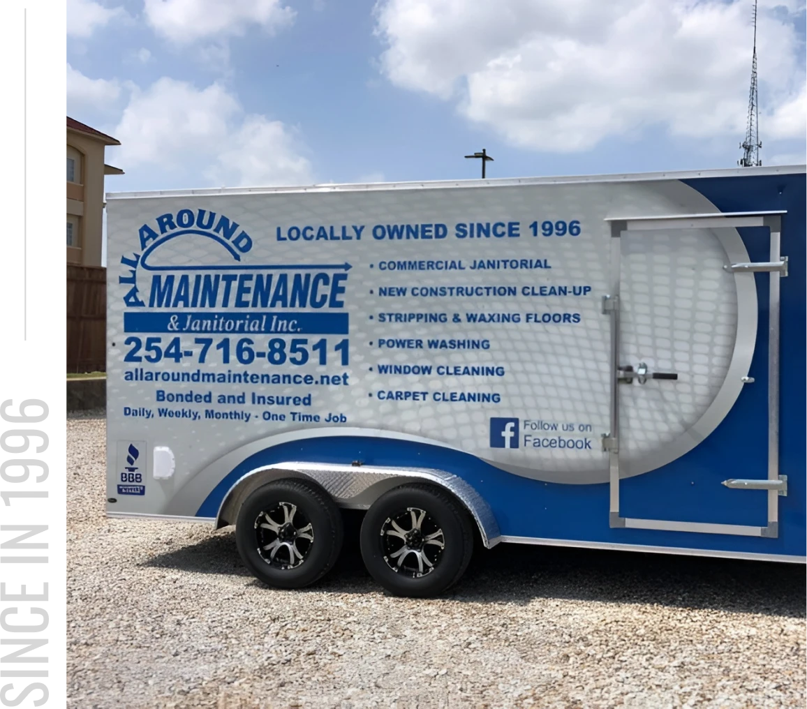 Janitorial services advertisement on a trailer